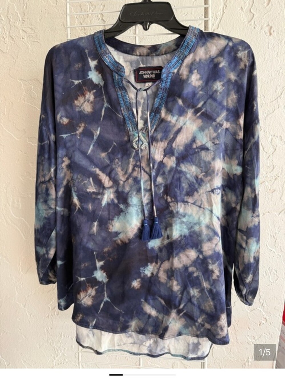 Johnny Was Blue Tie-Dye Long Sleeve Blouse with Tassel Neck XL